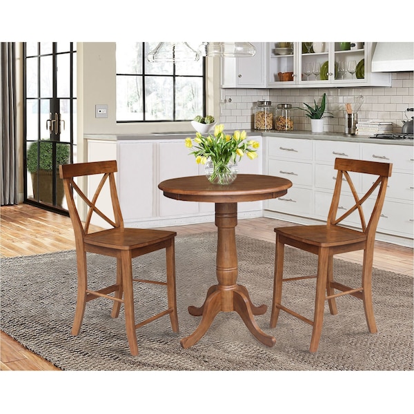 International Concepts Round 30 in Rd Ped Gathering Ht Table, 2 X-Back Stools, Distressed Oak, 30 in W, 30 in L, 35.1 in H K42-30RT-6B-S6132-2 - main